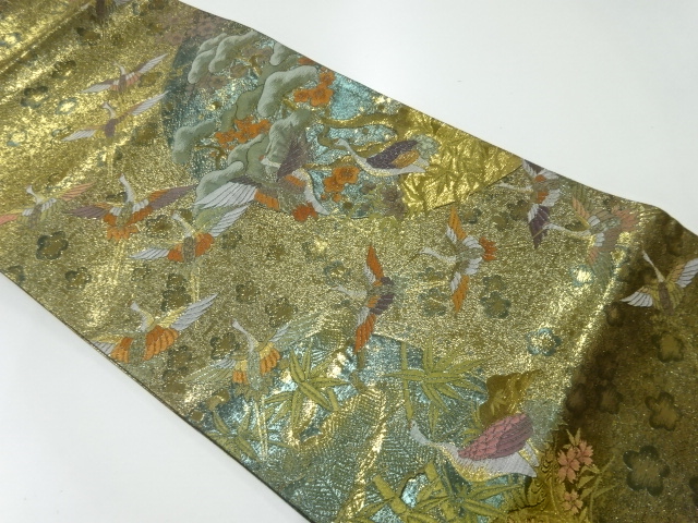 JAPANESE KIMONO / VINTAGE FUKURO OBI / WOVEN CRANES & SHOCHIKUBAI